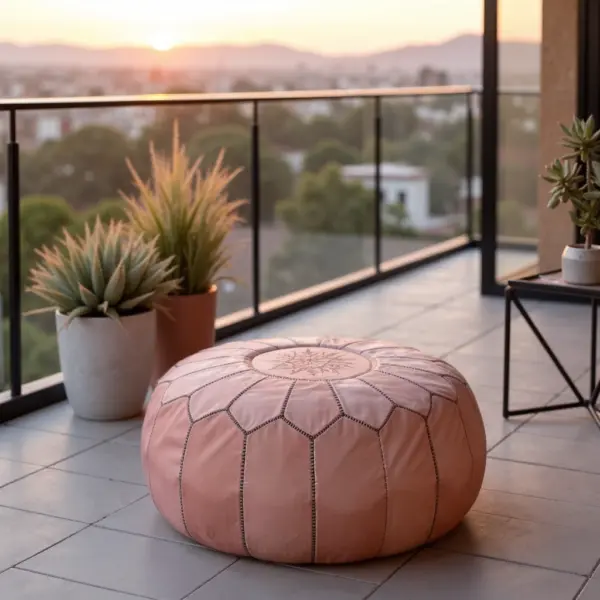 Pink Moroccan Leather Pouf Ottoman – Handcrafted Round (21″ × 12″) with Starburst Stitching