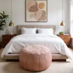 Pink Moroccan Leather Pouf Ottoman – Handcrafted Round (21″ × 12″) with Starburst Stitching
