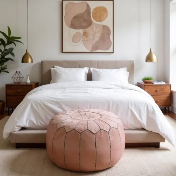 Pink Moroccan Leather Pouf Ottoman – Handcrafted Round (21″ × 12″) with Starburst Stitching