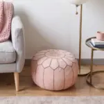 Pink Moroccan Leather Pouf Ottoman – Handcrafted Round (21″ × 12″) with Starburst Stitching