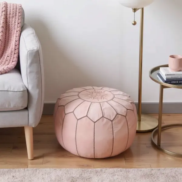 Pink Moroccan Leather Pouf Ottoman – Handcrafted Round (21″ × 12″) with Starburst Stitching
