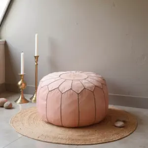Pink Moroccan Leather Pouf Ottoman – Handcrafted Round (21″ × 12″) with Starburst Stitching