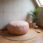 Pink Moroccan Leather Pouf Ottoman – Handcrafted Round (21″ × 12″) with Starburst Stitching