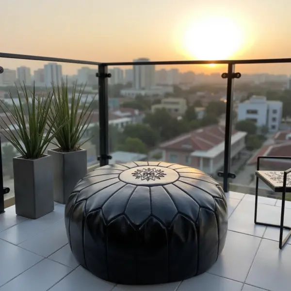 Black Moroccan Leather Pouf – Handcrafted Round Ottoman with Tone-on-Tone Stitching (21″ × 12″)