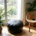 Black Moroccan Leather Pouf – Handcrafted Round Ottoman with Tone-on-Tone Stitching (21″ × 12″)