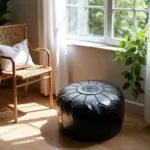 Black Moroccan Leather Pouf – Handcrafted Round Ottoman with Tone-on-Tone Stitching (21″ × 12″)