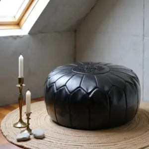 Black Moroccan Leather Pouf – Handcrafted Round Ottoman with Tone-on-Tone Stitching (21″ × 12″)