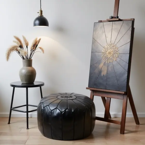 Black Moroccan Leather Pouf – Handcrafted Round Ottoman with Tone-on-Tone Stitching (21″ × 12″)
