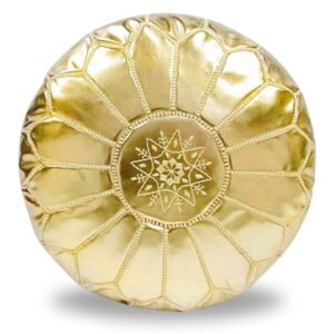 Gold Moroccan Leather Pouf – Handcrafted Round Ottoman with Matching Embroidery (21″ × 12″)