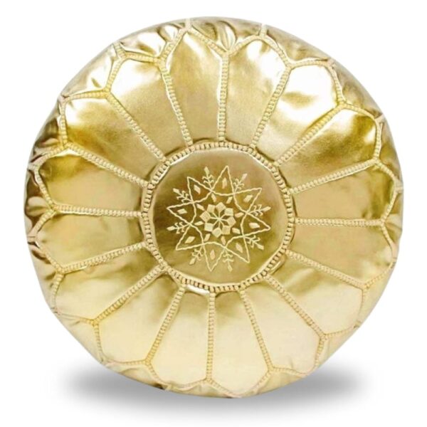 Gold Moroccan Leather Pouf – Handcrafted Round Ottoman with Matching Embroidery (21″ × 12″)