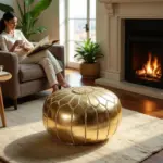 Gold Moroccan Leather Pouf – Handcrafted Round Ottoman with Matching Embroidery (21″ × 12″)