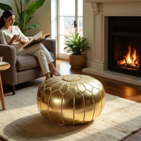 Gold Moroccan Leather Pouf – Handcrafted Round Ottoman with Matching Embroidery (21″ × 12″)