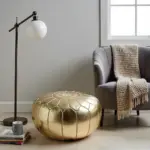 Gold Moroccan Leather Pouf – Handcrafted Round Ottoman with Matching Embroidery (21″ × 12″)