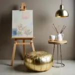 Gold Moroccan Leather Pouf – Handcrafted Round Ottoman with Matching Embroidery (21″ × 12″)