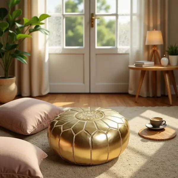 Gold Moroccan Leather Pouf – Handcrafted Round Ottoman with Matching Embroidery (21″ × 12″)