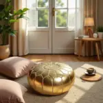 Gold Moroccan Leather Pouf – Handcrafted Round Ottoman with Matching Embroidery (21″ × 12″)