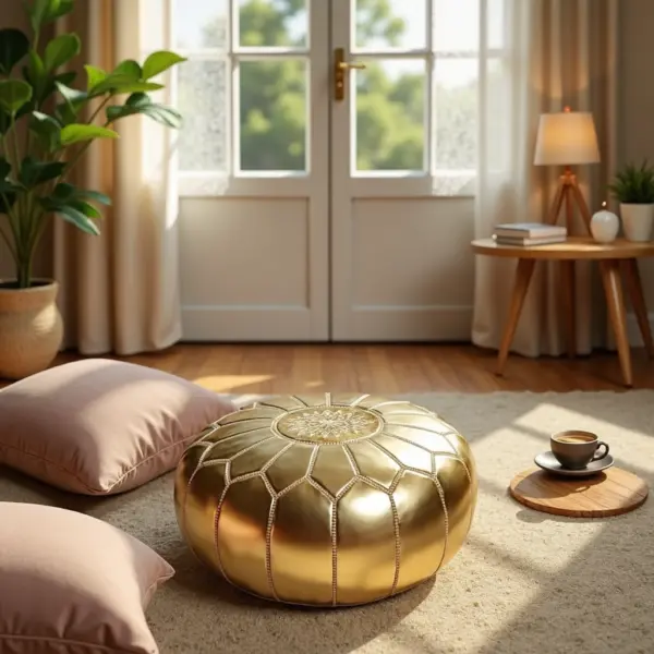 Gold Moroccan Leather Pouf – Handcrafted Round Ottoman with Matching Embroidery (21″ × 12″)
