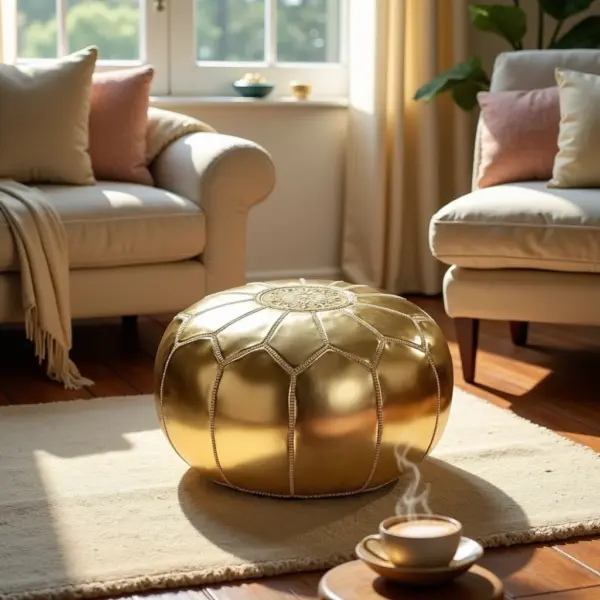 Gold Moroccan Leather Pouf – Handcrafted Round Ottoman with Matching Embroidery (21″ × 12″)