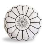 White Moroccan Leather Pouf – Handcrafted Ottoman with Custom Stitching (20″ × 12″)