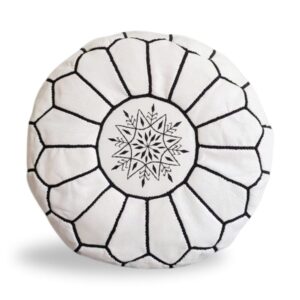 White Moroccan Leather Pouf – Handcrafted Ottoman with Custom Stitching (20″ × 12″)