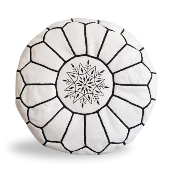 White Moroccan Leather Pouf – Handcrafted Ottoman with Custom Stitching (20″ × 12″)