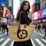Designer Logo Straw Bag – Luxury Handwoven Beach Tote with Sequin Embellishment