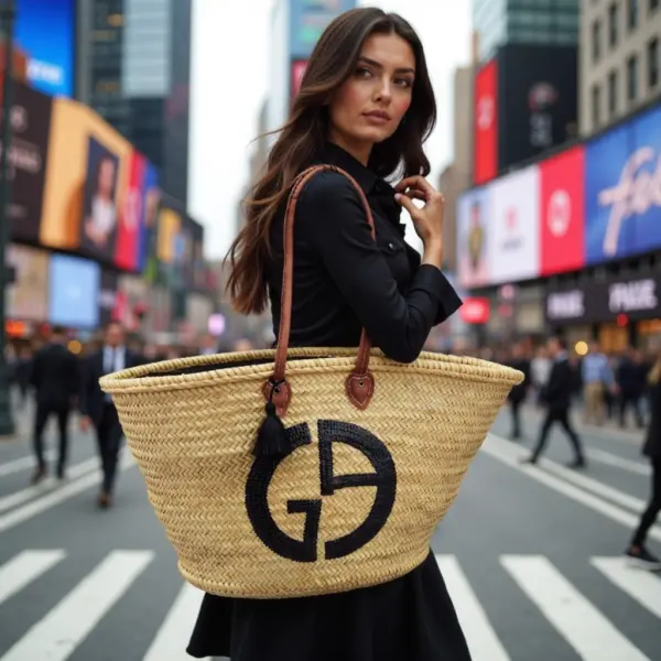 Designer Logo Straw Bag – Luxury Handwoven Beach Tote with Sequin Embellishment