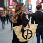 Designer Logo Straw Bag – Luxury Handwoven Beach Tote with Sequin Embellishment