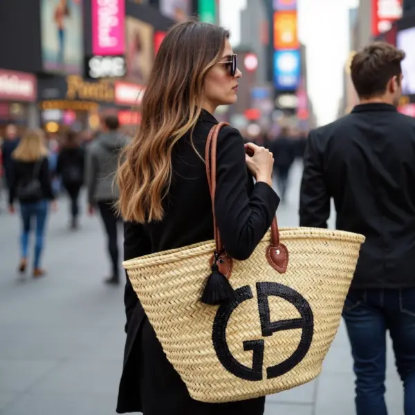 Designer Logo Straw Bag – Luxury Handwoven Beach Tote with Sequin Embellishment