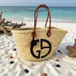 Designer Logo Straw Bag – Luxury Handwoven Beach Tote with Sequin Embellishment