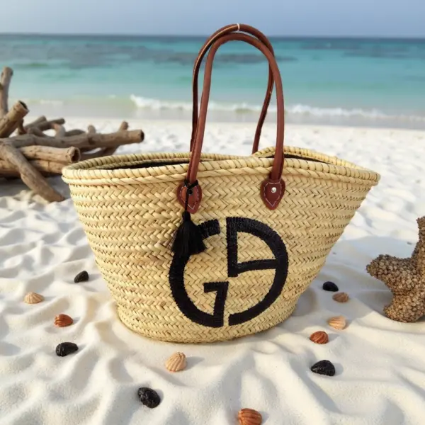 Designer Logo Straw Bag – Luxury Handwoven Beach Tote with Sequin Embellishment