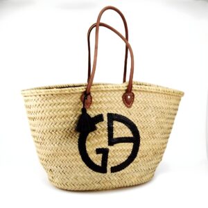 Designer Logo Straw Bag – Luxury Handwoven Beach Tote with Sequin Embellishment