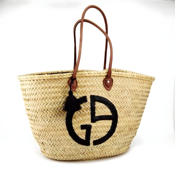 Designer Logo Straw Bag – Luxury Handwoven Beach Tote with Sequin Embellishment