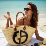 Designer Logo Straw Bag – Luxury Handwoven Beach Tote with Sequin Embellishment