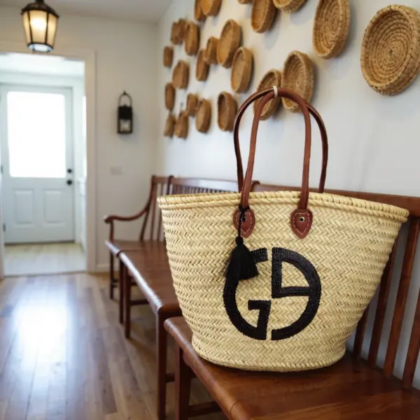 Designer Logo Straw Bag – Luxury Handwoven Beach Tote with Sequin Embellishment