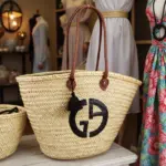 Designer Logo Straw Bag – Luxury Handwoven Beach Tote with Sequin Embellishment