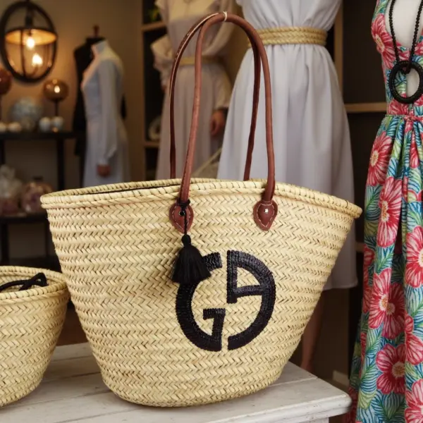 Designer Logo Straw Bag – Luxury Handwoven Beach Tote with Sequin Embellishment
