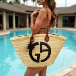 Designer Logo Straw Bag – Luxury Handwoven Beach Tote with Sequin Embellishment