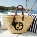 Designer Logo Straw Bag – Luxury Handwoven Beach Tote with Sequin Embellishment