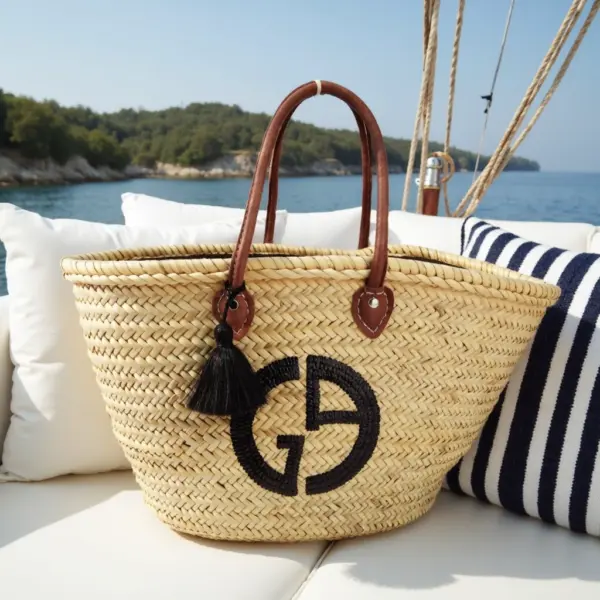 Designer Logo Straw Bag – Luxury Handwoven Beach Tote with Sequin Embellishment
