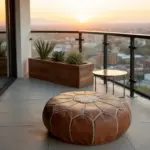 Natural Leather Moroccan Pouf – Handcrafted Round Ottoman (21″ × 12″)