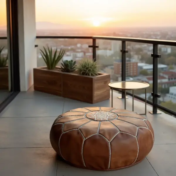 Natural Leather Moroccan Pouf – Handcrafted Round Ottoman (21″ × 12″)