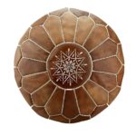 Natural Leather Moroccan Pouf – Handcrafted Round Ottoman (21″ × 12″)