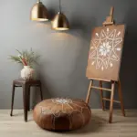 Natural Leather Moroccan Pouf – Handcrafted Round Ottoman (21″ × 12″)