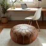 Natural Leather Moroccan Pouf – Handcrafted Round Ottoman (21″ × 12″)
