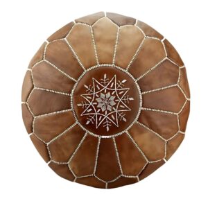 Natural Leather Moroccan Pouf – Handcrafted Round Ottoman (21″ × 12″)