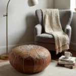 Natural Leather Moroccan Pouf – Handcrafted Round Ottoman (21″ × 12″)