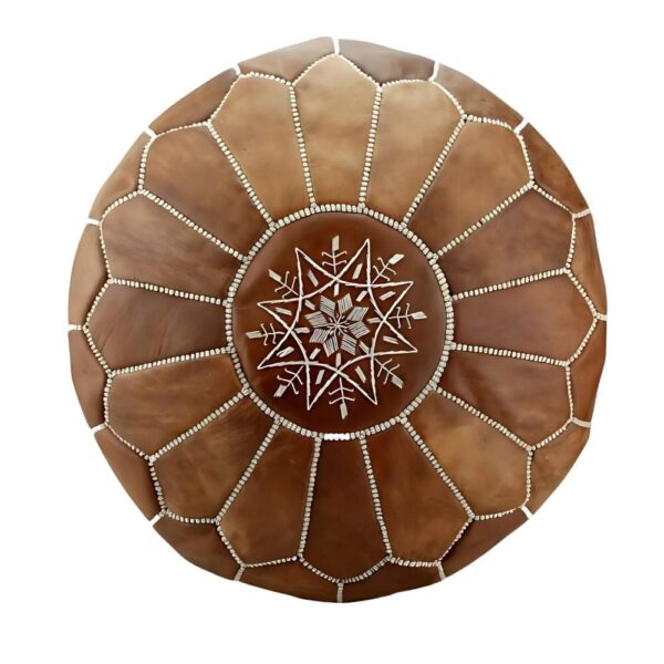 Natural Leather Moroccan Pouf – Handcrafted Round Ottoman (21″ × 12″)