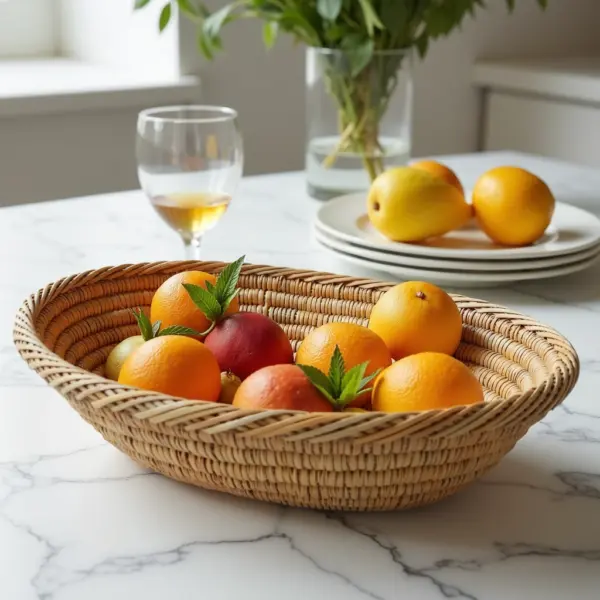Handmade Moroccan Oval Bread Basket – Natural Straw Fruit Basket (14″)