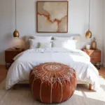 Handmade Moroccan Embroidered Leather Pouf Ottoman – Mandala Design (21″ × 12″)